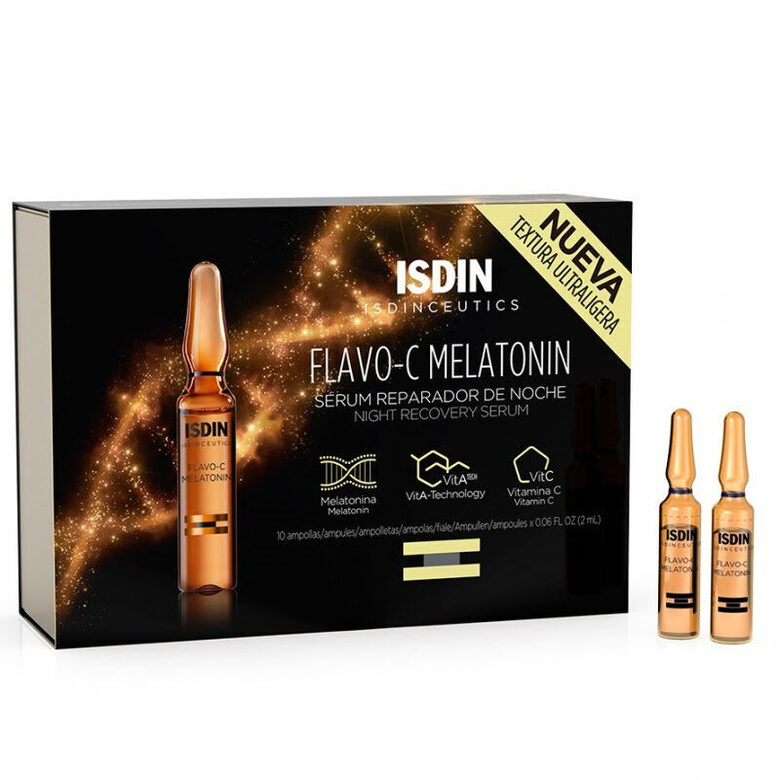 Naktinis atkuriamasis serumas ampulėse ISDIN Flavo-C Melatonin Night Repair, 10×2 ml.