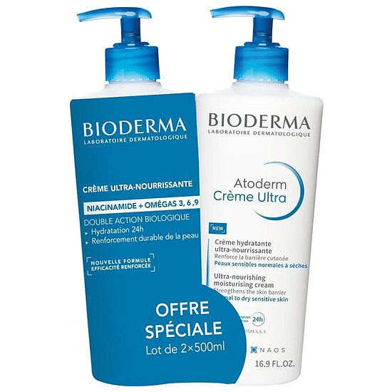 Bioderma Atoderm Ultra-Nourishing barojošs mitrinošs krēms sausai un jutīgai ādai 2 ×, 500 ml