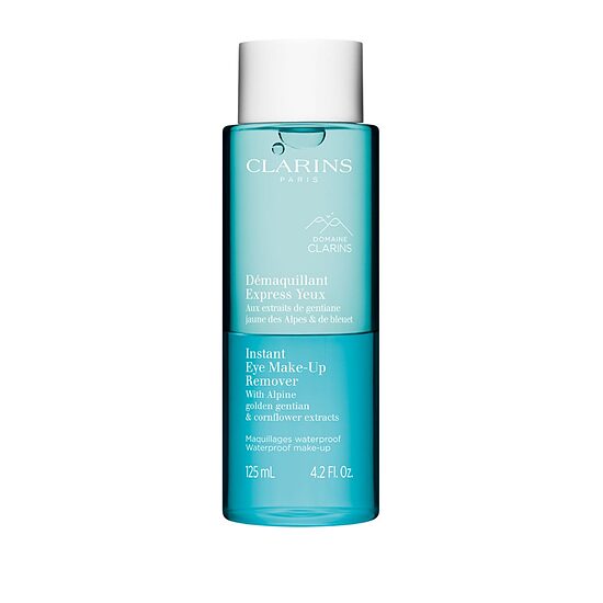 Clarins Instant Eye Make-Up Remover divfāžu acu dekoratīvās kosmētikas noņēmējs ar Alpu dzeltenās genciānas un rudzupuķu ekstraktiem, 125 ml