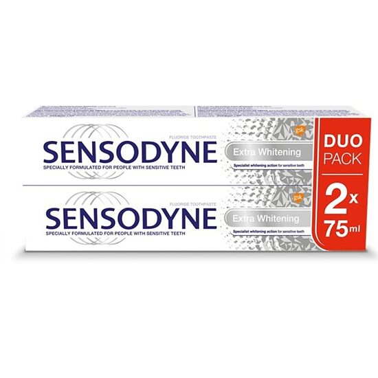 Sensodyne Extra Whitening balinoša zobu pasta jutīgiem zobiem 2 ×, 75 ml
