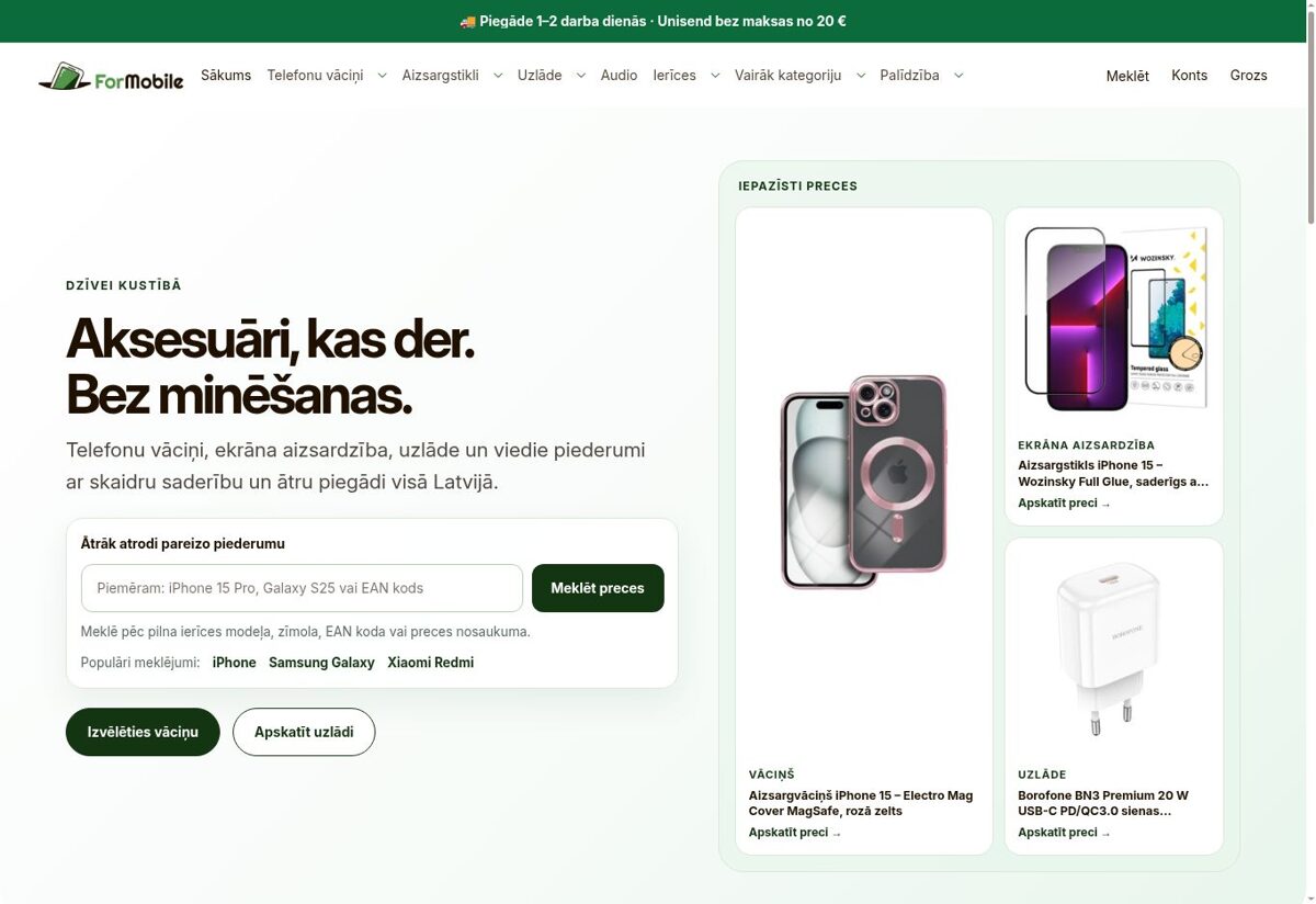 ForMobile.lv verkkokaupan etusivun kuvakaappaus