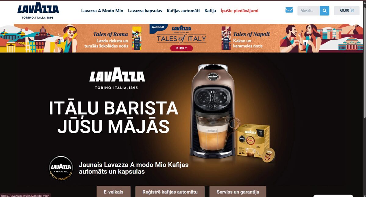 LavazzaKapsulas.lv verkkokaupan etusivun kuvakaappaus