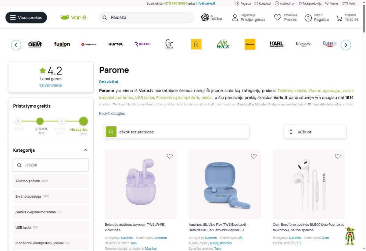Verkkokaupan kuvakaappaus: Parome · Varle.lt